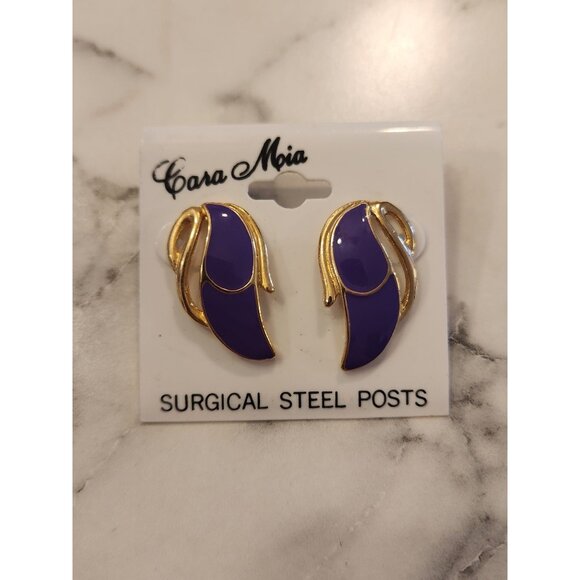 Vintage Cara Mia Purple & Gold Tone Earrings Surgical Steel Posts 1980's - Picture 1 of 5